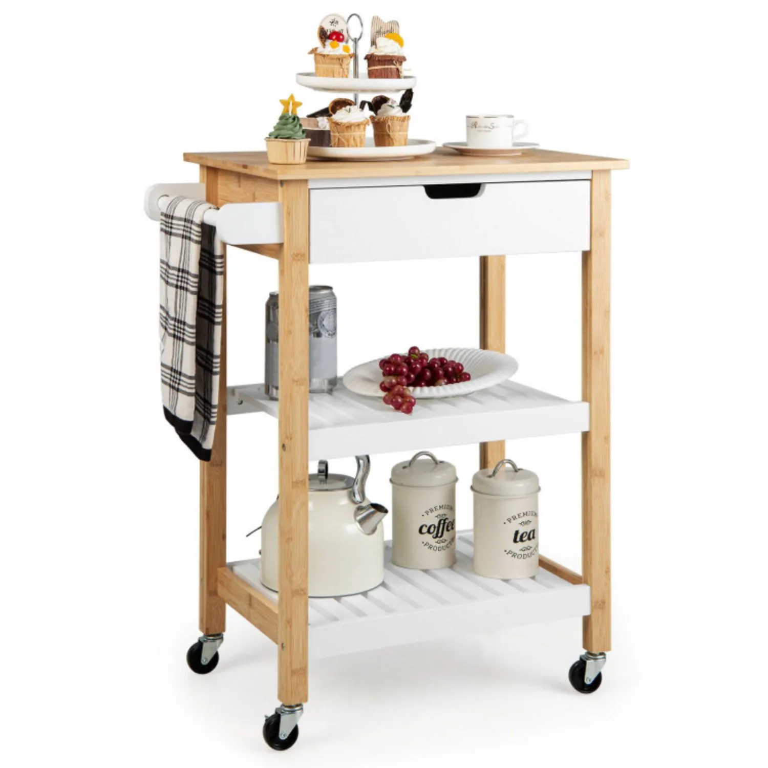 Hivvago 3-Tier Kitchen Island Cart Rolling Service Trolley with Bamboo Top