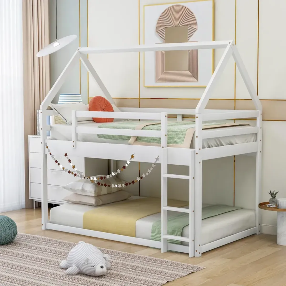 Twin over Twin Low Bunk Bed, House Bed with Ladder , Whitegray, White