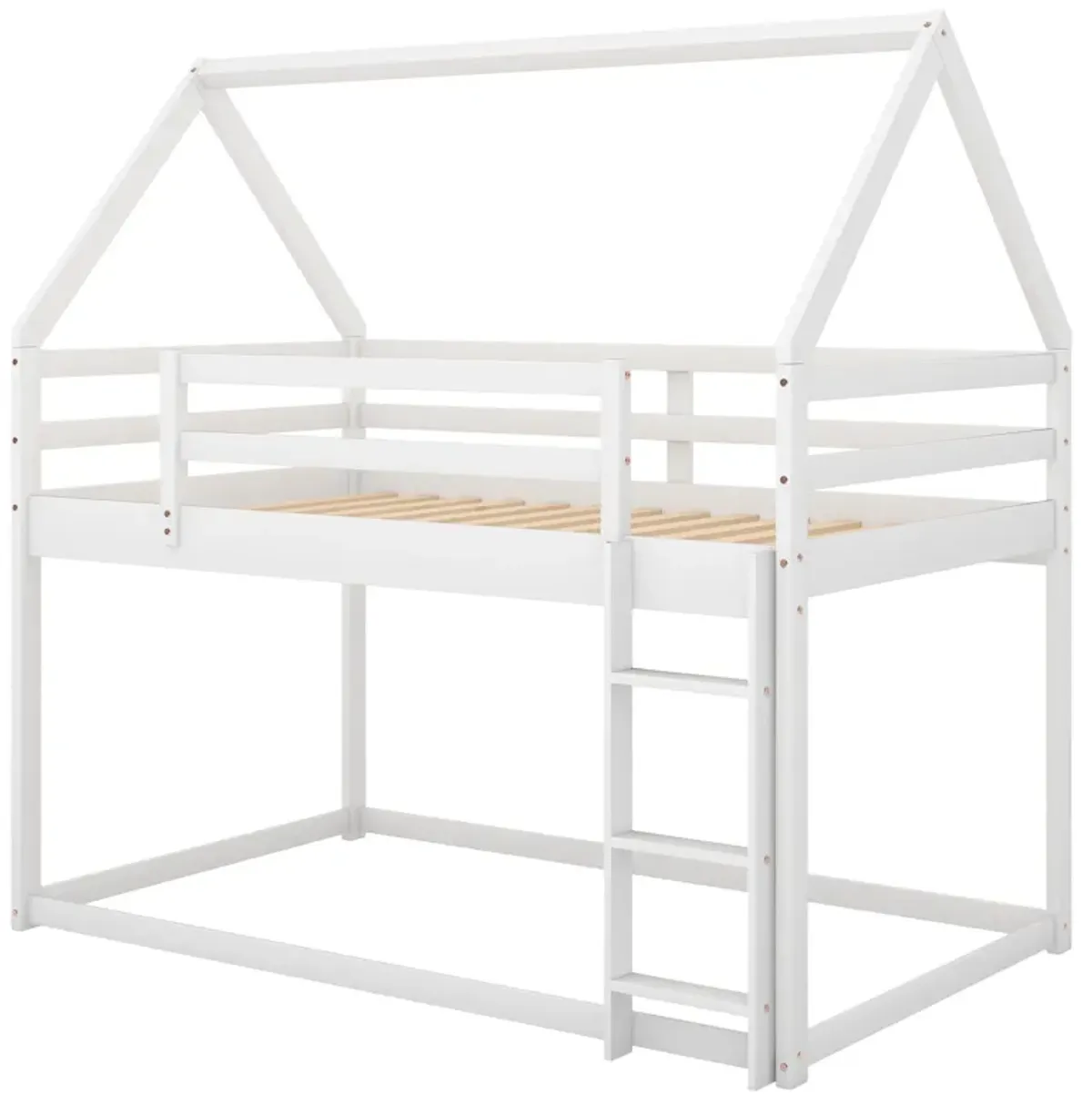 Twin over Twin Low Bunk Bed, House Bed with Ladder , Whitegray, White