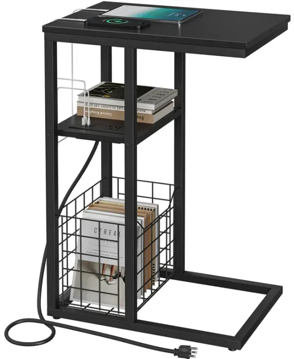 Vagusicc C Shaped End Table with Charging Station, Side Table for Couch, Small Side End Table for Small Spaces, 28"" High Slide