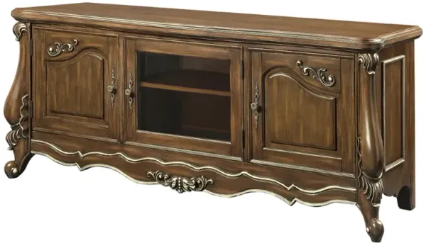 75 Inch TV Media Entertainment Center, 3 Cabinets, Antique Oak - Benzara