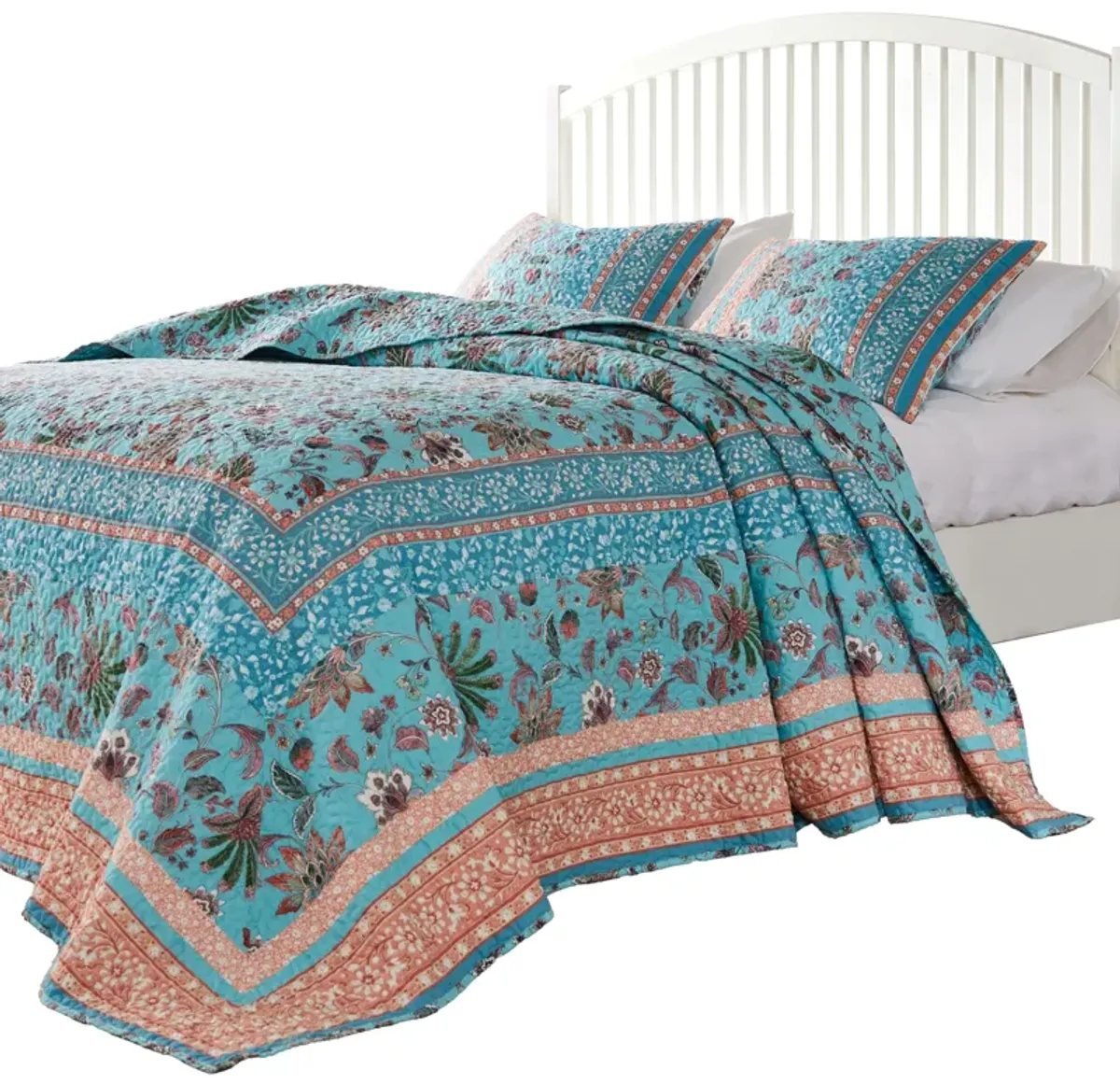 Dill 3pc Queen Bedspread Set, Bohemian Turquoise Floral Microfiber Cotton