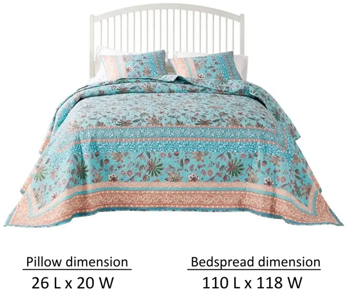 Dill 3pc Queen Bedspread Set, Bohemian Turquoise Floral Microfiber Cotton