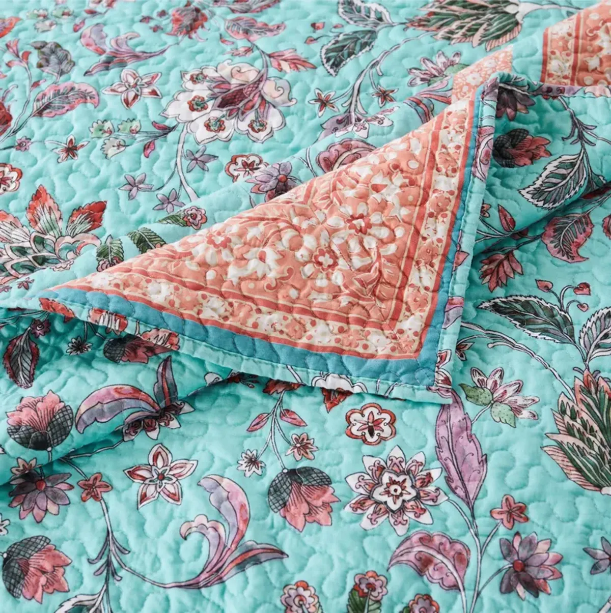 Dill 3pc Queen Bedspread Set, Bohemian Turquoise Floral Microfiber Cotton