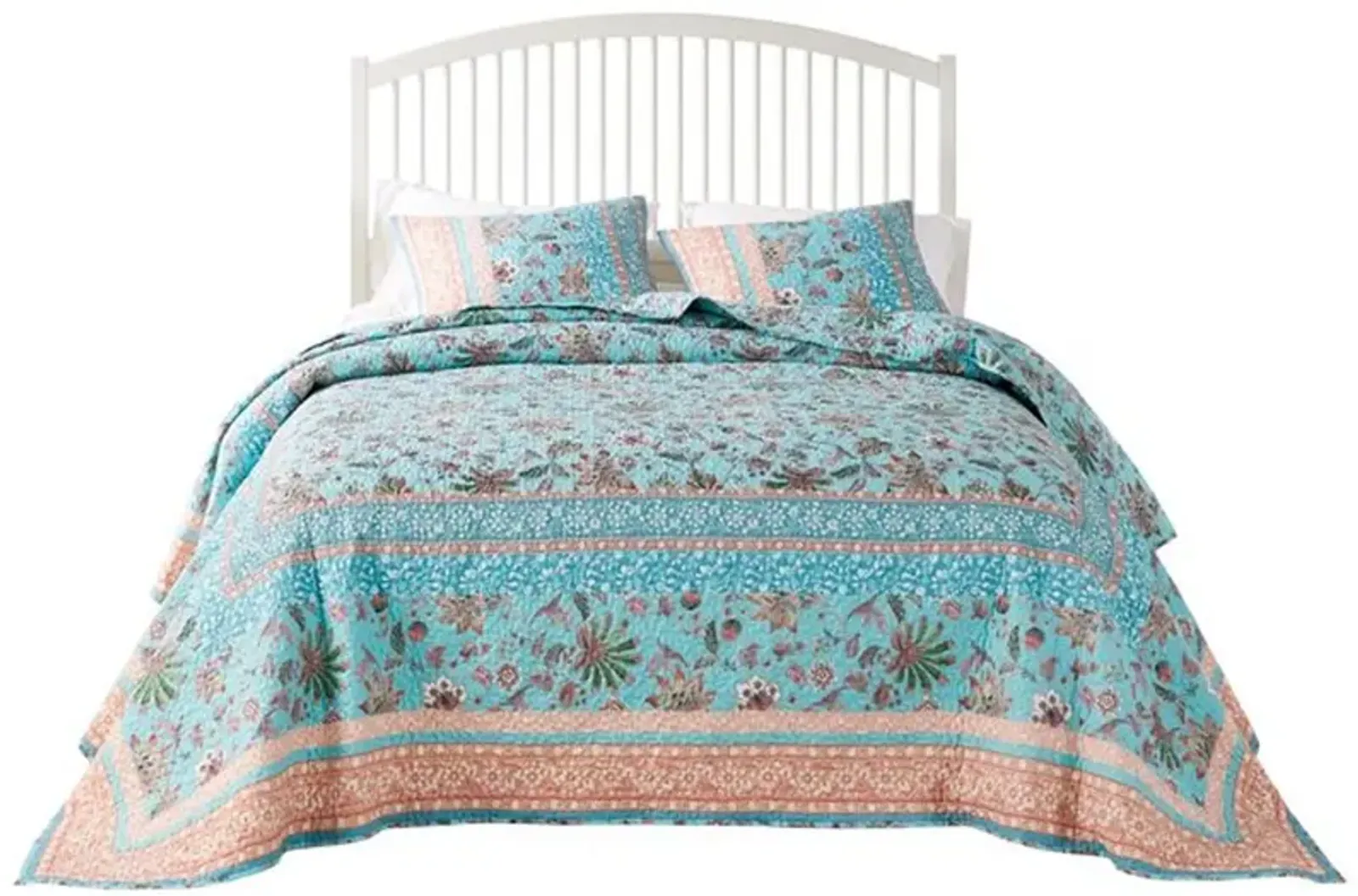 Dill 3pc Queen Bedspread Set, Bohemian Turquoise Floral Microfiber Cotton