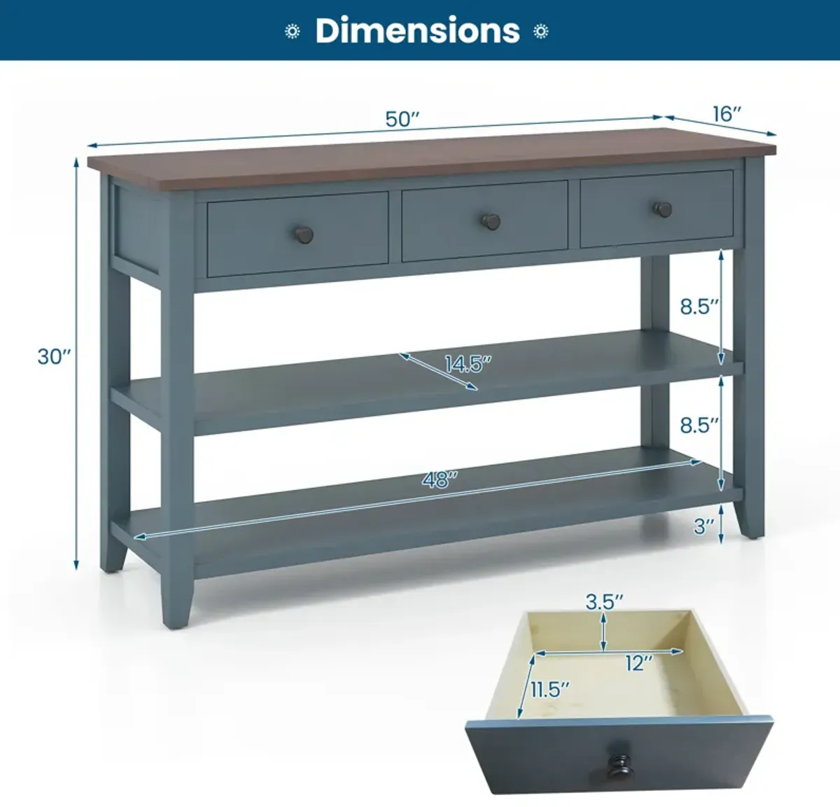 50-Inch Narrow Entryway Table, Long Sofa Table with Drawers and Shelves for Storage and Decor