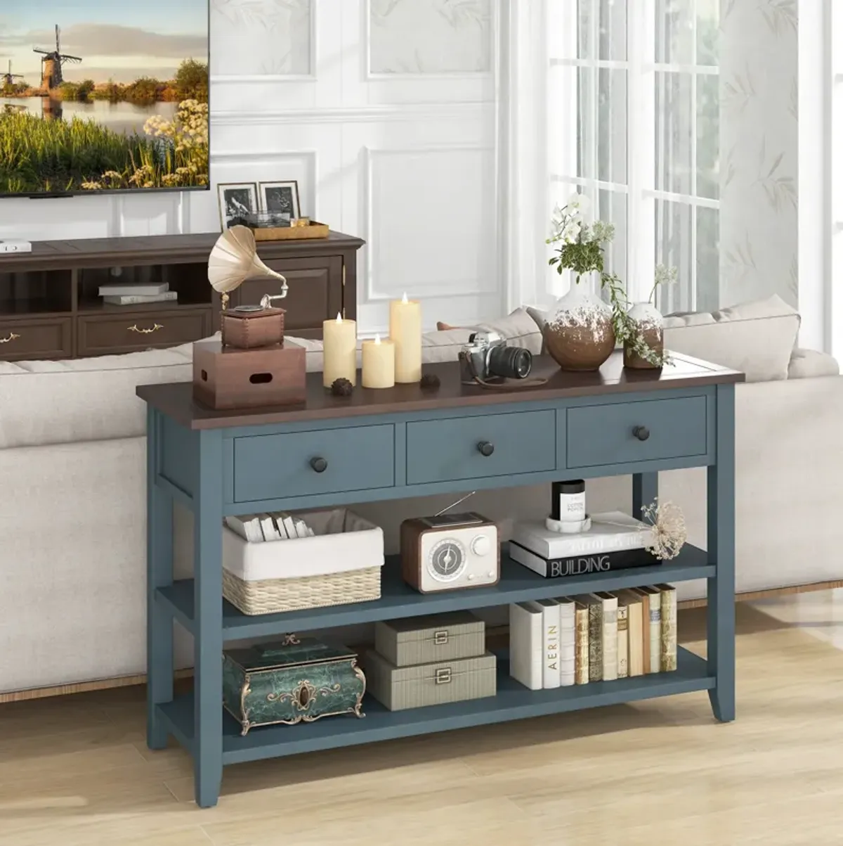 50-Inch Narrow Entryway Table, Long Sofa Table with Drawers and Shelves for Storage and Decor