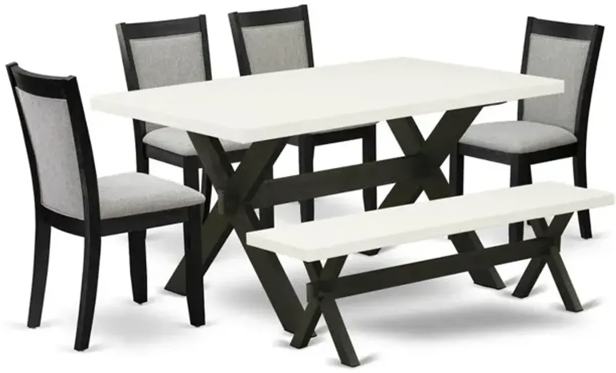 X626MZ606-6 6 Pc Kitchen Table Set - Linen White Table with a Rustic Bench and 4 Shitake Dining Chairs - Wire Brushed Black Finish
