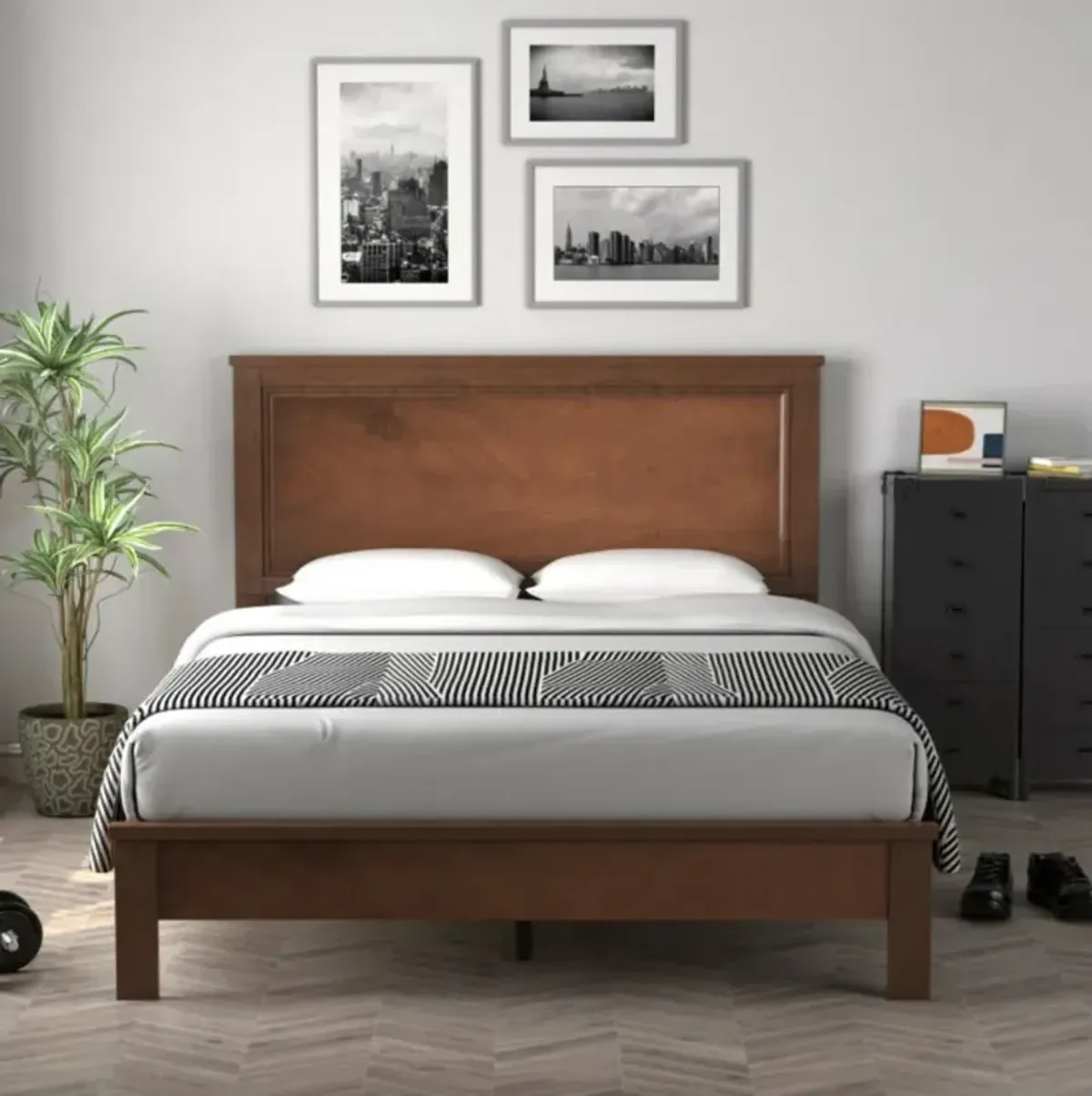 Hivvago Queen Size Bed Frame Platform Slat High Headboard Bedroom with Rubber Wood Leg