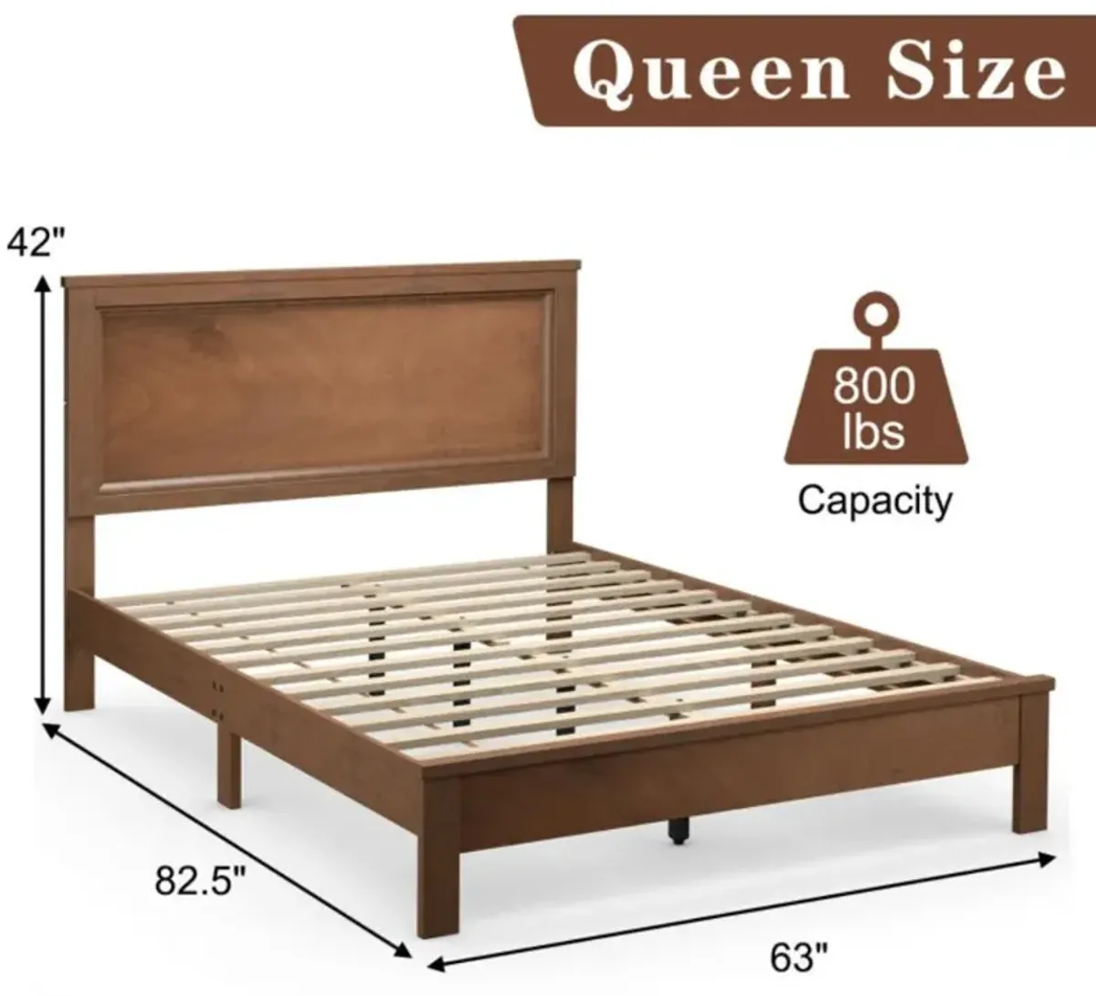 Hivvago Queen Size Bed Frame Platform Slat High Headboard Bedroom with Rubber Wood Leg