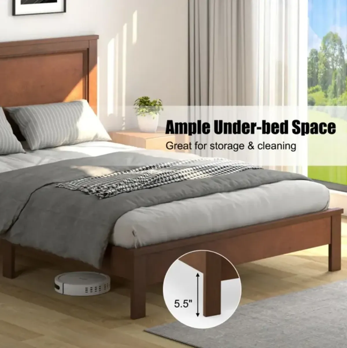 Hivvago Queen Size Bed Frame Platform Slat High Headboard Bedroom with Rubber Wood Leg