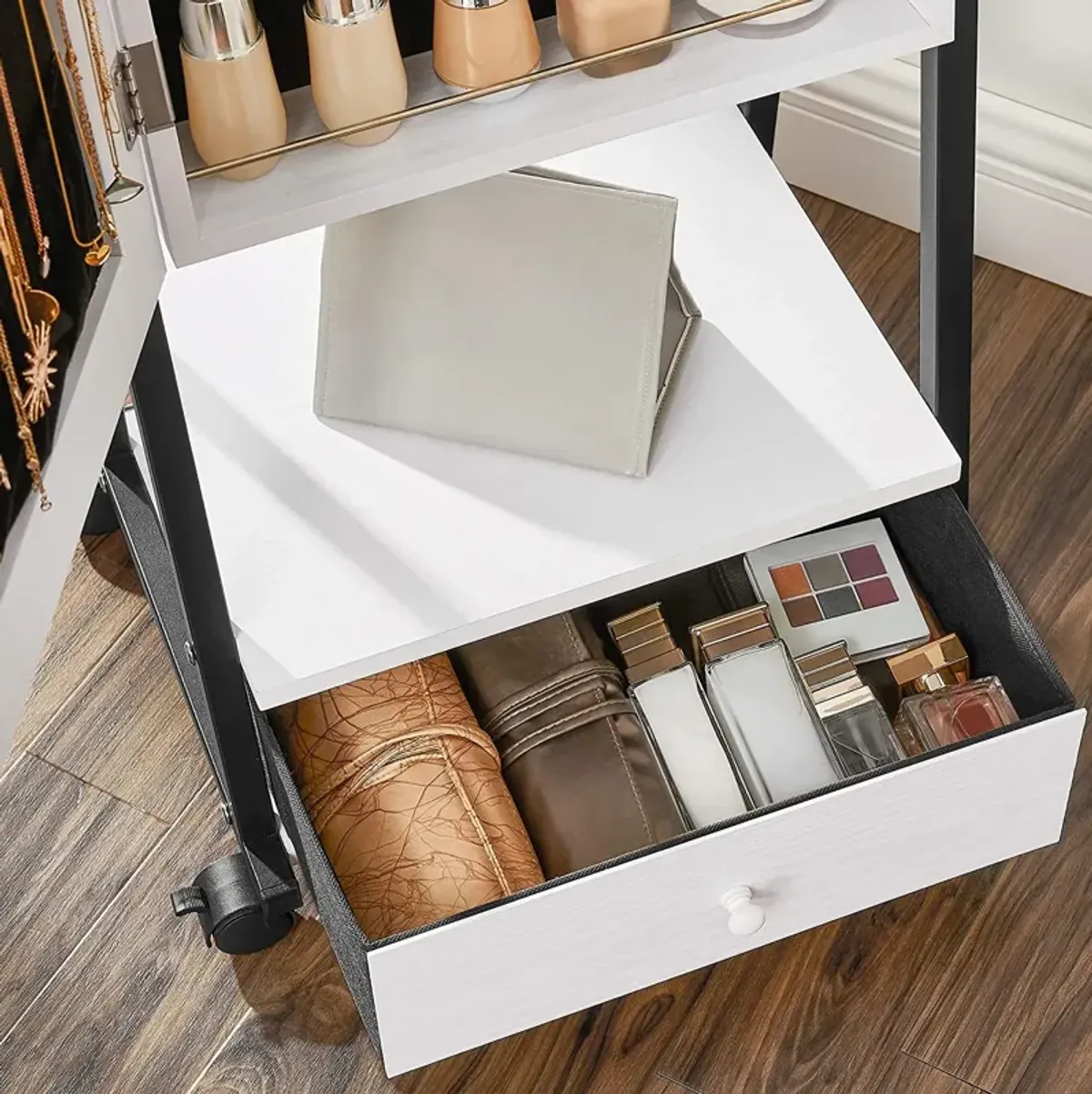 Jewelry Organizer with Bottom Drawer, Shelf, and Full-Length Mirror - Lockable