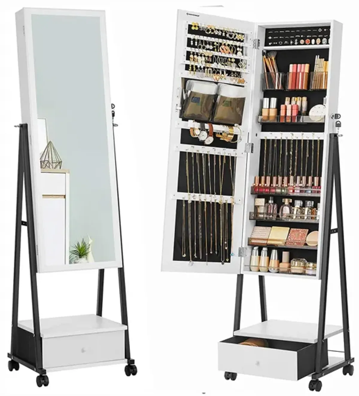 Jewelry Organizer with Bottom Drawer, Shelf, and Full-Length Mirror - Lockable