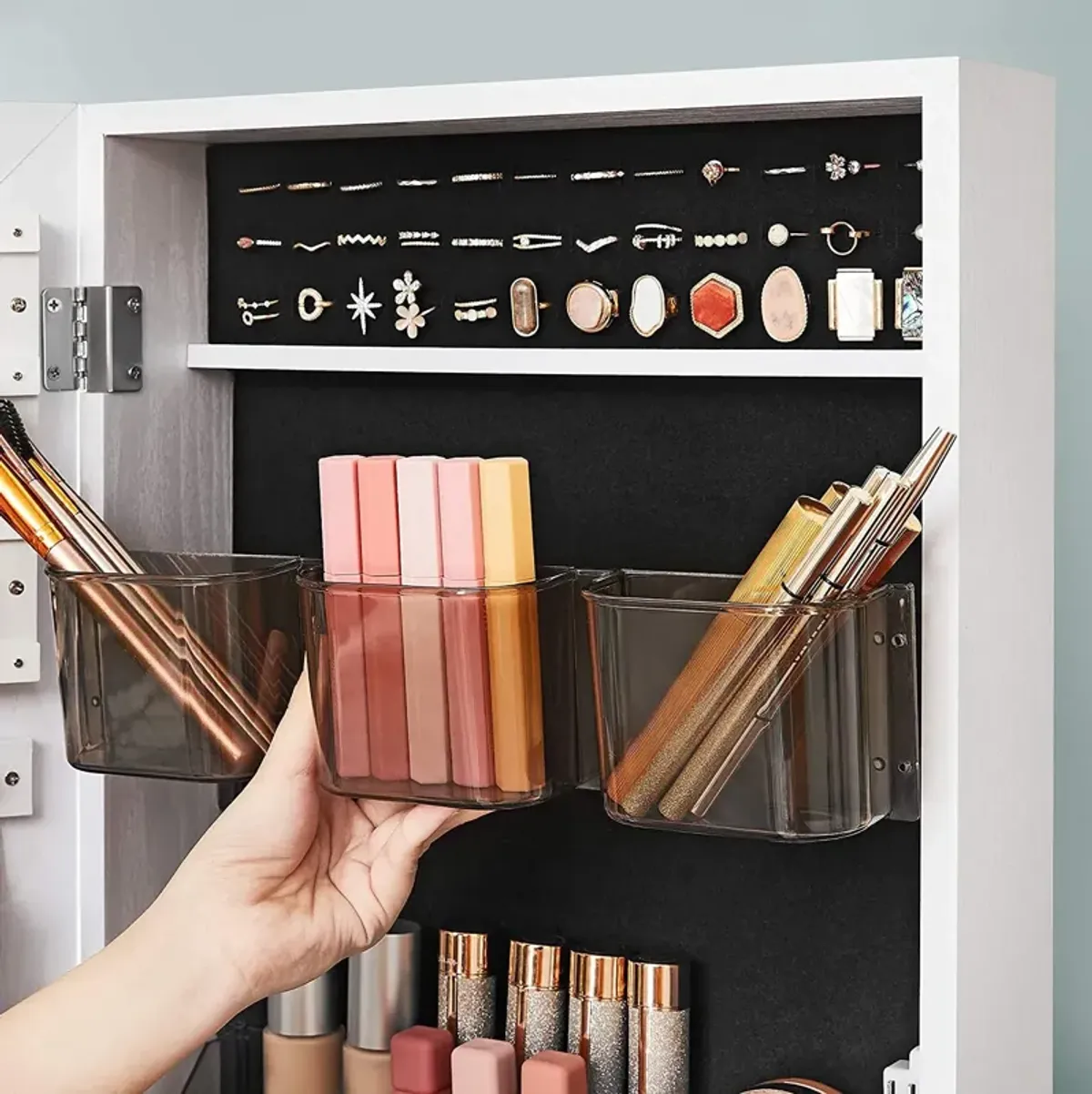 Jewelry Organizer with Bottom Drawer, Shelf, and Full-Length Mirror - Lockable