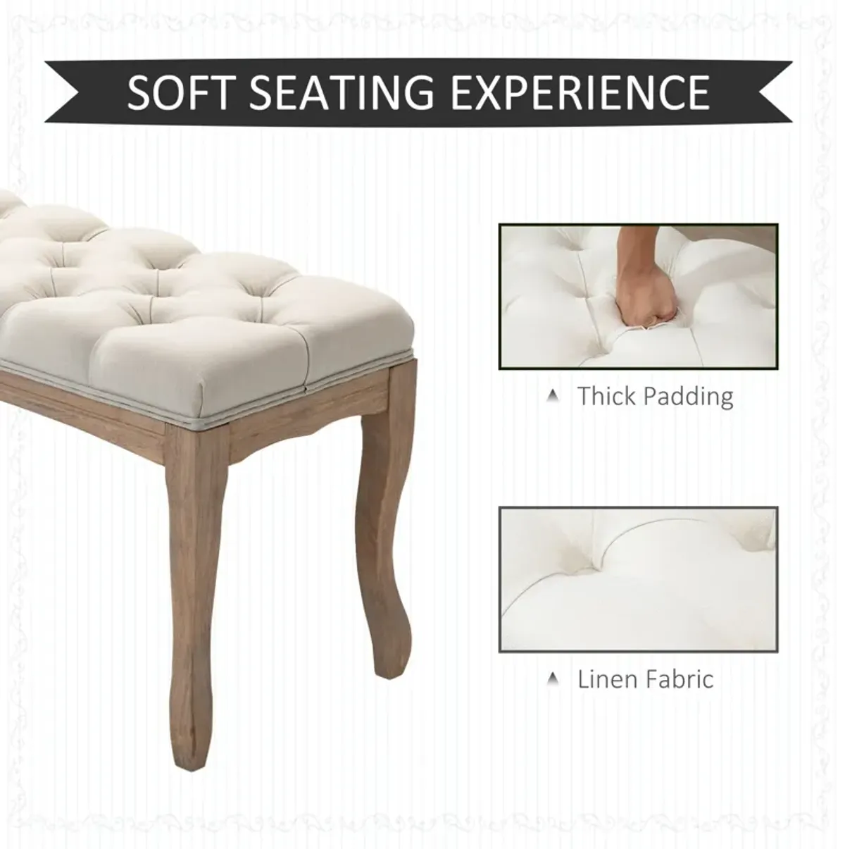 Beige Versatile Bench: 43" Linen Ottoman with Tufted Seat