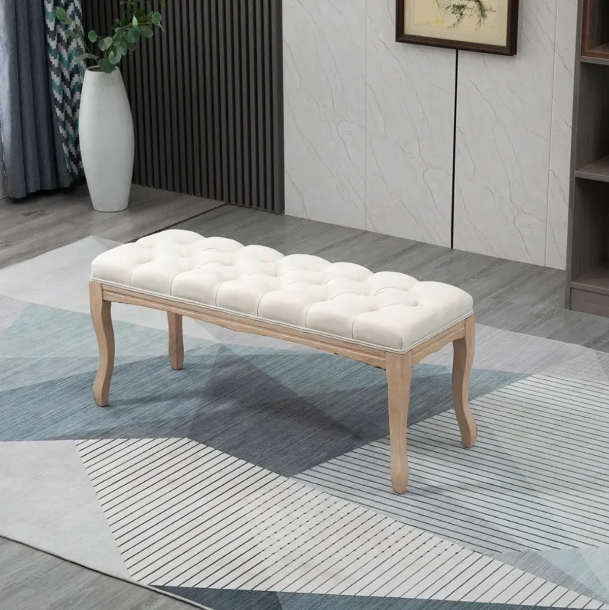 Beige Versatile Bench: 43" Linen Ottoman with Tufted Seat