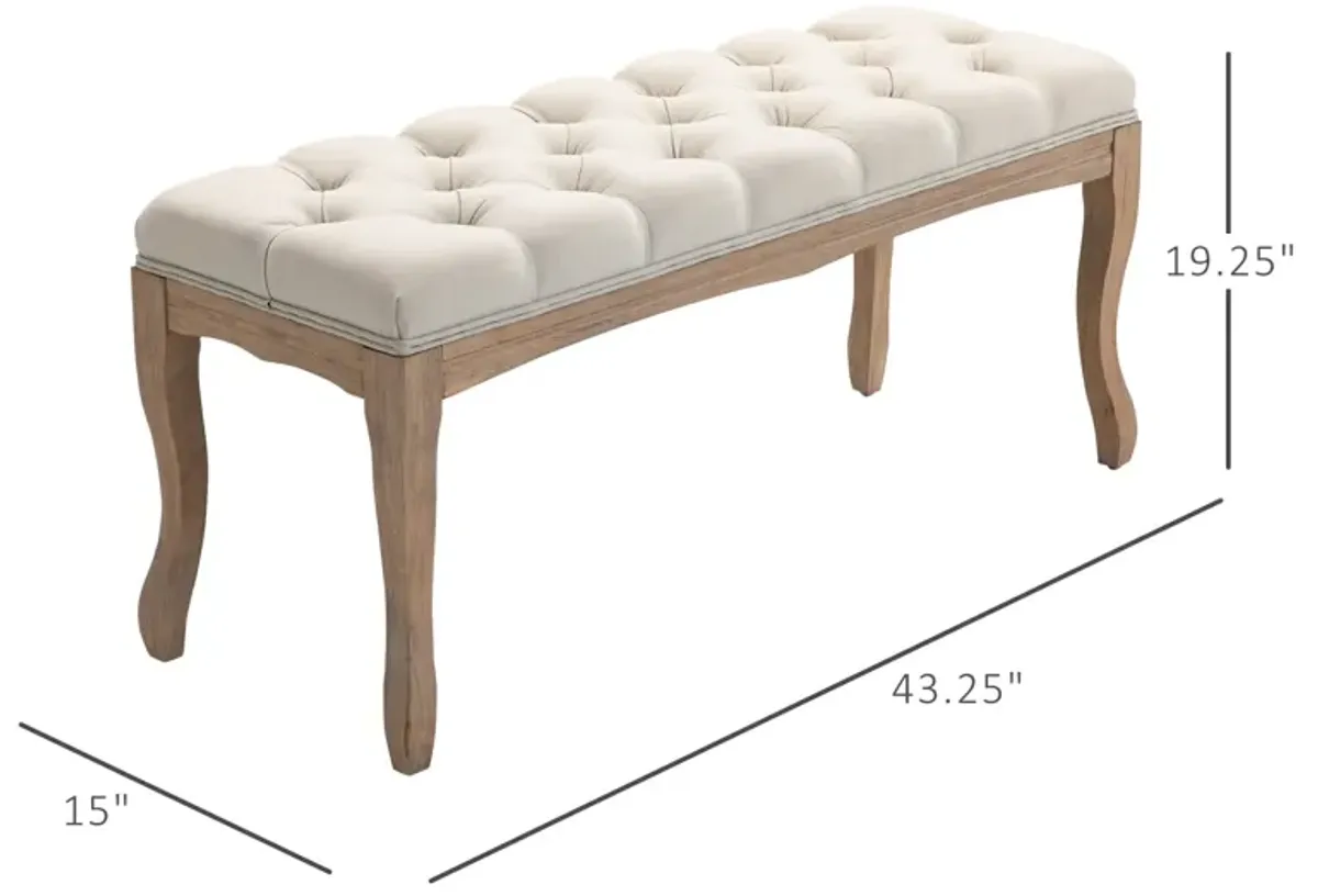 Beige Versatile Bench: 43" Linen Ottoman with Tufted Seat