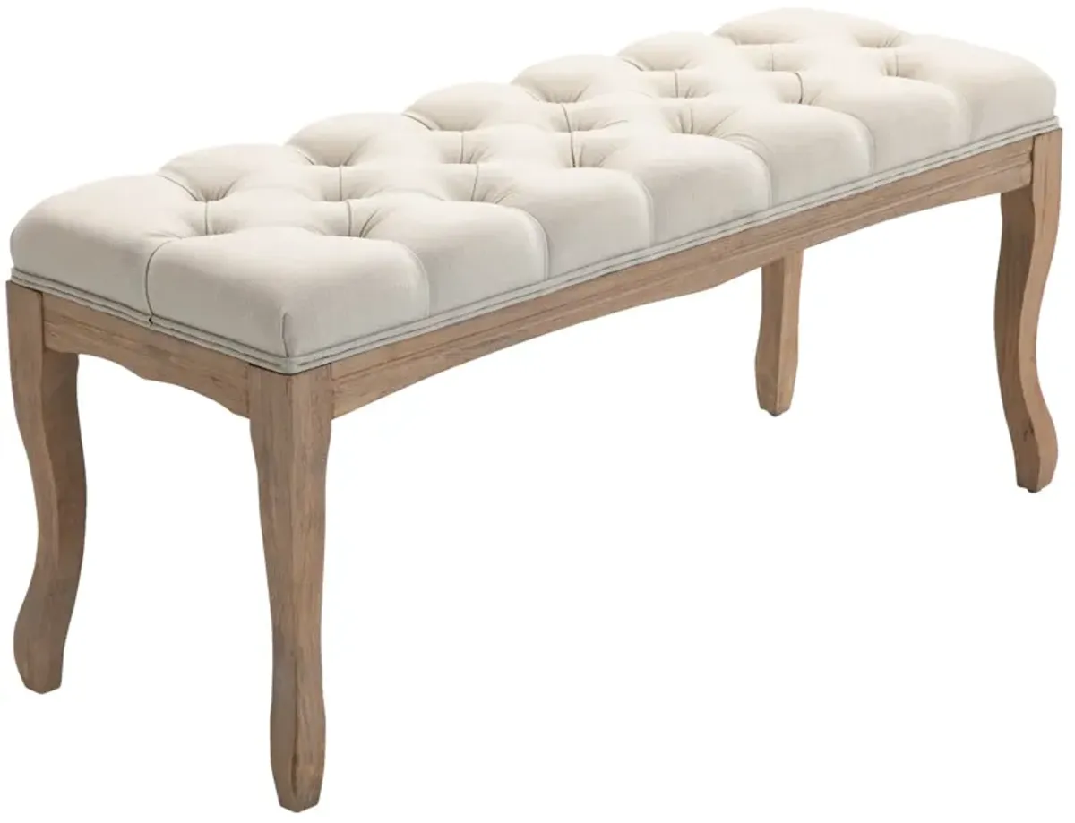 Beige Versatile Bench: 43" Linen Ottoman with Tufted Seat