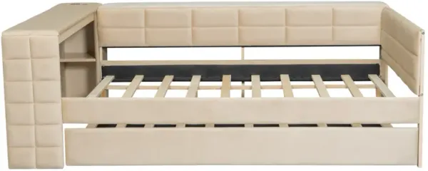 Merax Full Size Upholstered Platform Bed with Storage Shelves