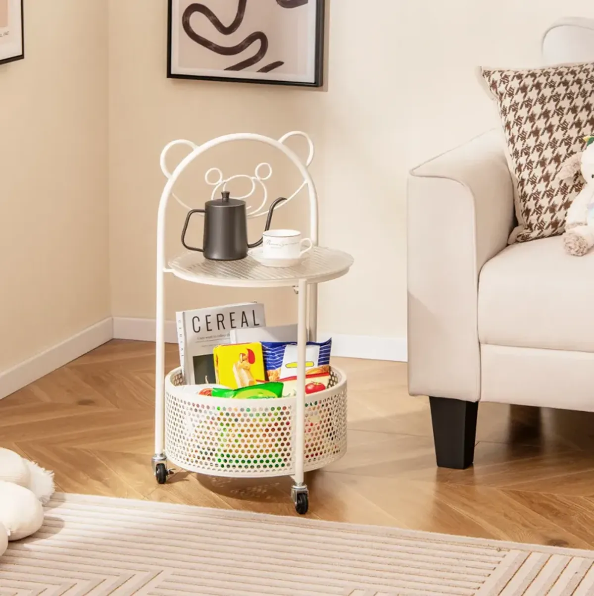 Modern Sofa Side Table on Lockable Wheels for Living Room Bedroom Study