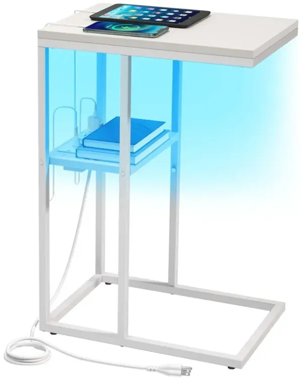 Yoobure LED C Shaped End Table with Charging Station, Small Side Tables for Living Room Bedroom, TV Tray Table with USB Ports an