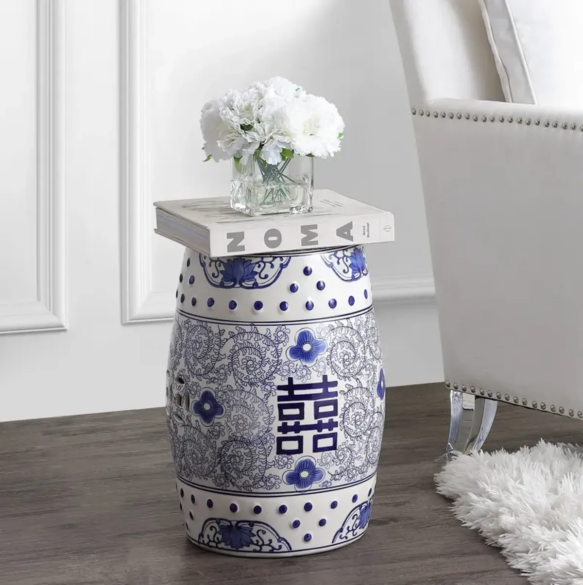 Double Happiness Chinoiserie Ceramic Drum Garden Stool