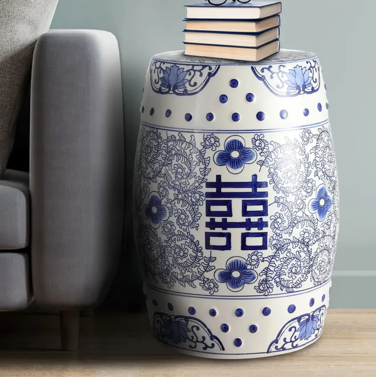 Double Happiness Chinoiserie Ceramic Drum Garden Stool