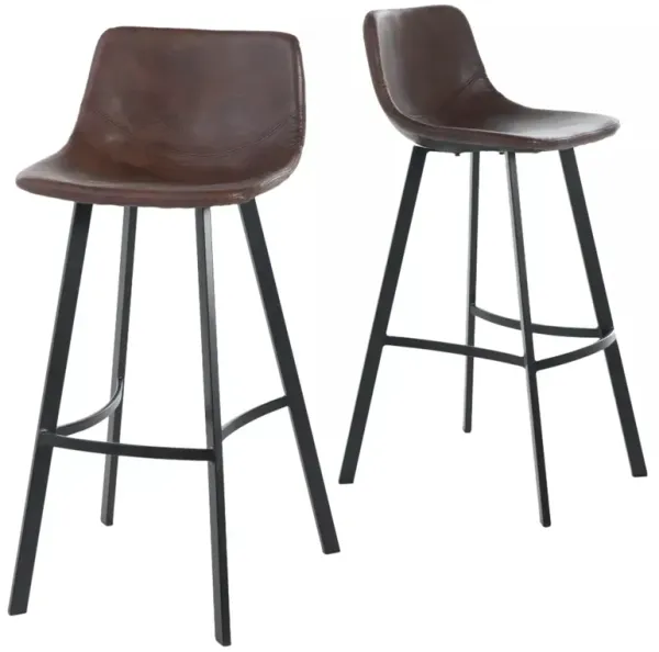 Barstool Chair Set of 2, Curved Seat, Black Steel, Brown Faux Leather - Benzara