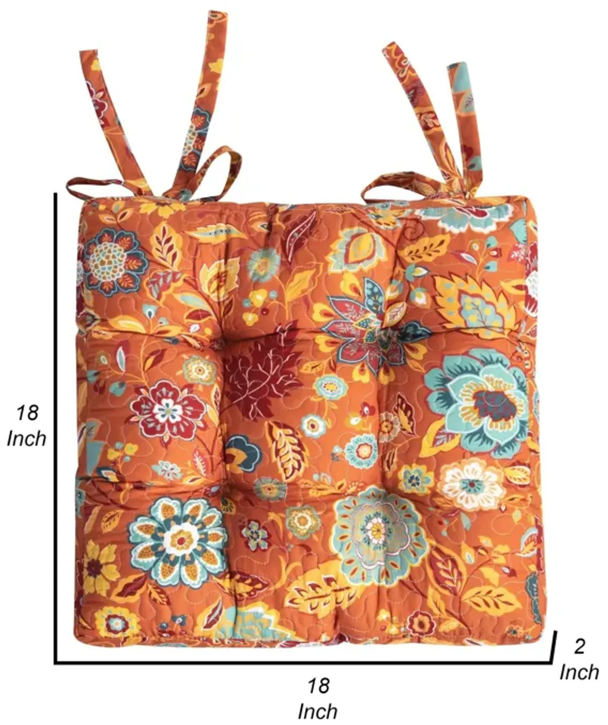 Rov 18 Inch Chair Pad Seat Cushion, 3 Layers, Spice Orange Flower Print - Benzara