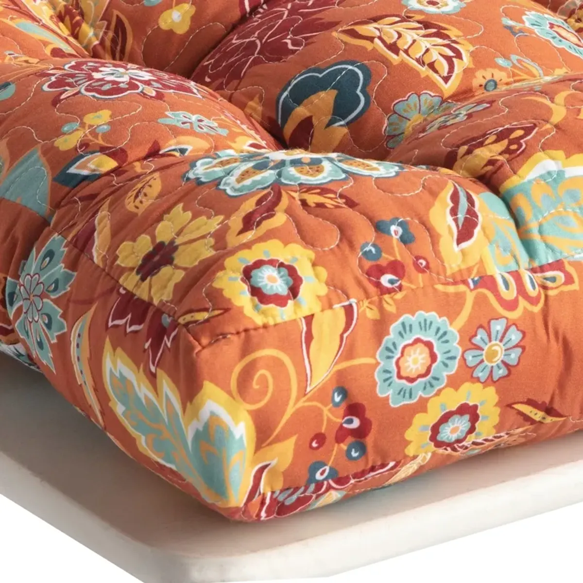 Rov 18 Inch Chair Pad Seat Cushion, 3 Layers, Spice Orange Flower Print - Benzara