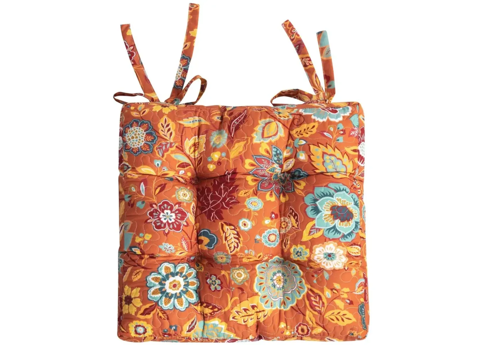 Rov 18 Inch Chair Pad Seat Cushion, 3 Layers, Spice Orange Flower Print - Benzara