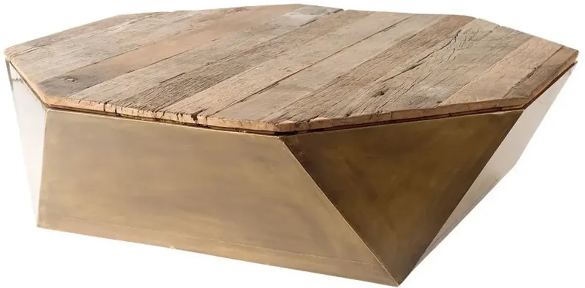 Hexagon Hinged Solid Wood Brass Metal Coffee Table W Storage