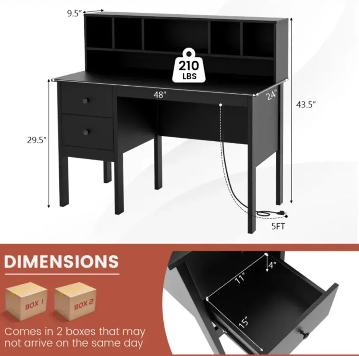 Hivvago 48 Inch Computer Desk with Drawers Power Outlets