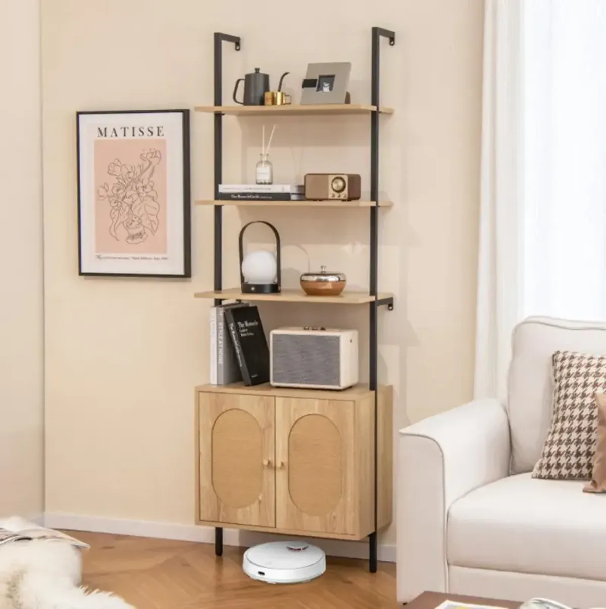 Hivvago 71 Inch 6-Tier Wall Mounted Ladder Bookshelf with Rattan Cabinet-Natural