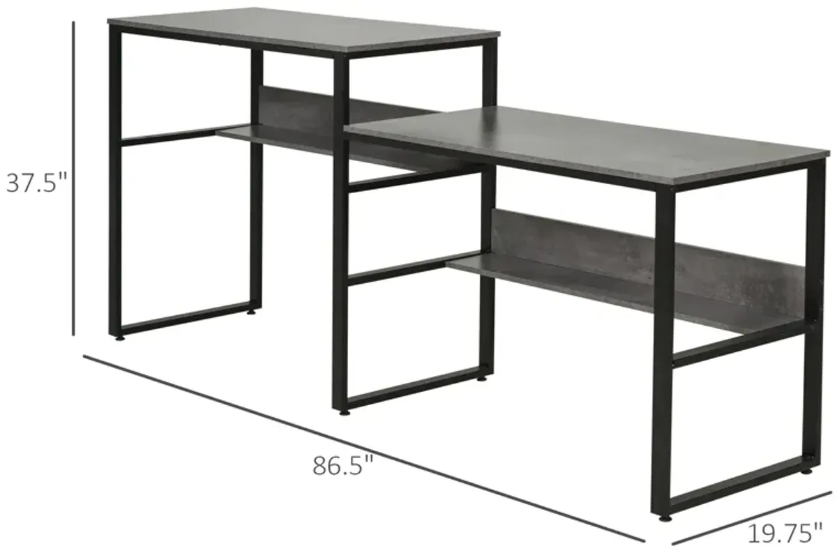 Black/Grey Shared Workspace: 86.5" Two-Person Desk with Shelves