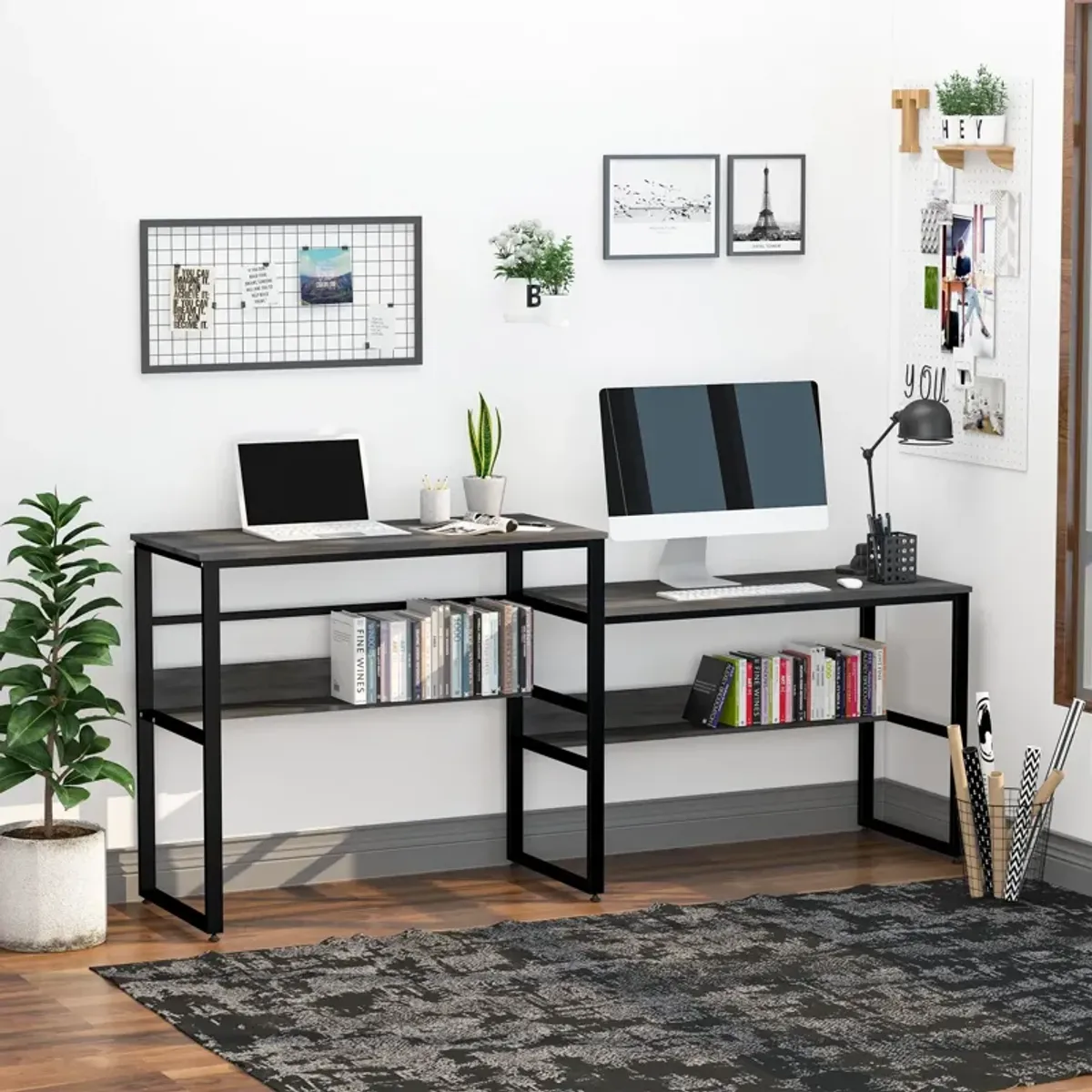 Black/Grey Shared Workspace: 86.5" Two-Person Desk with Shelves