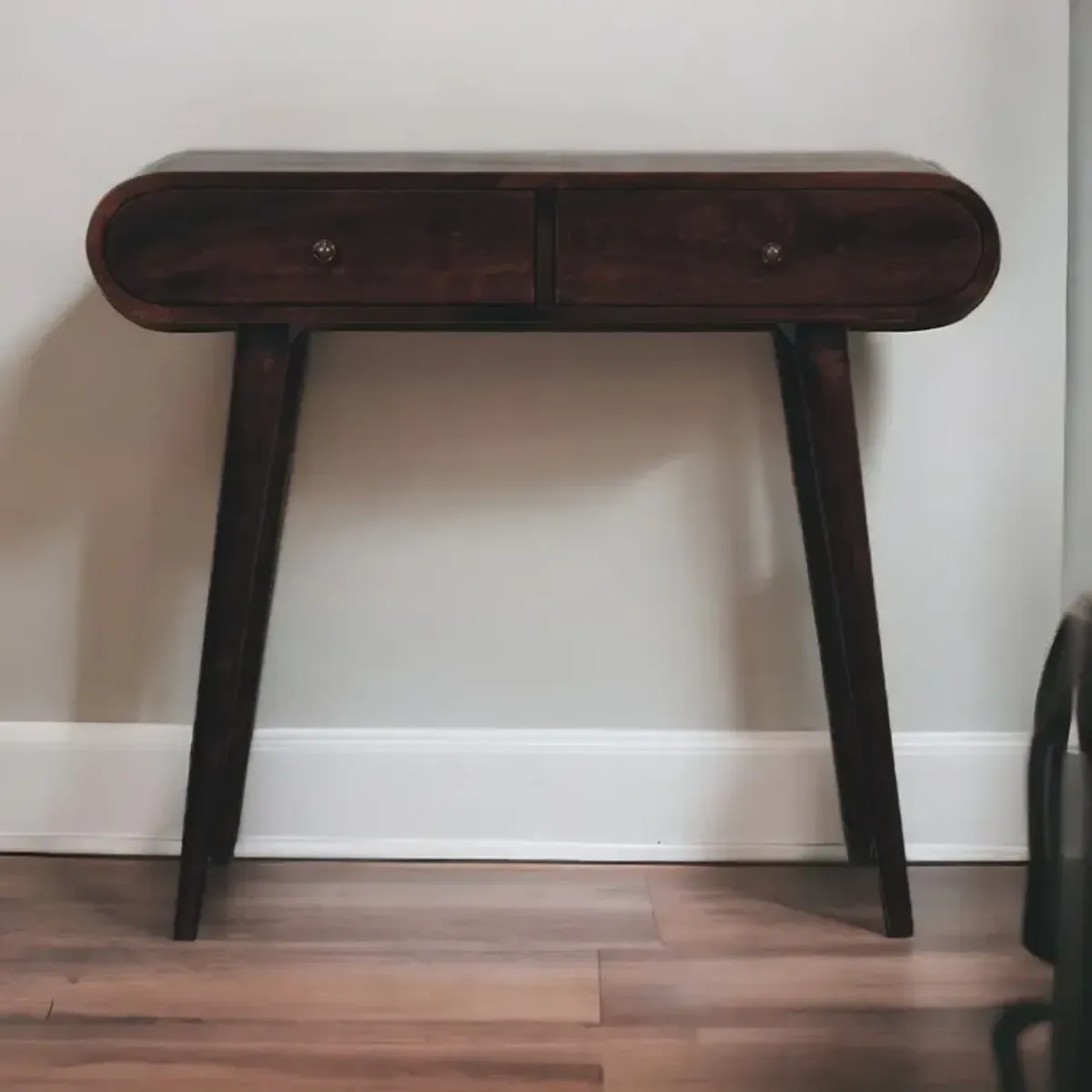 Light Walnut  Solid Wood 2 Drawers Curved Edge Console Table