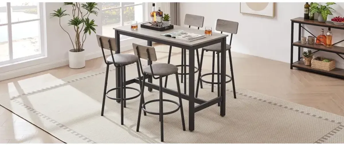 Bar Table Set With 4 Bar Stools PU Soft Seat With Backrest, Grey, 47.24" L X 23.62" W X 35.43"