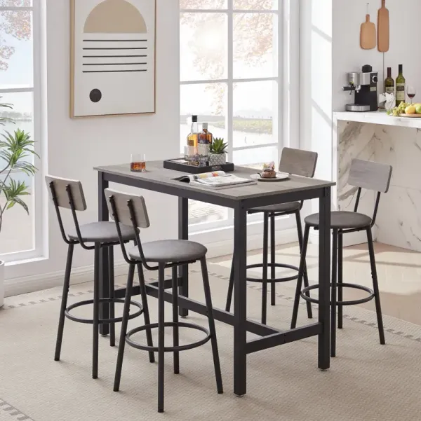 Bar Table Set With 4 Bar Stools PU Soft Seat With Backrest, Grey, 47.24" L X 23.62" W X 35.43"