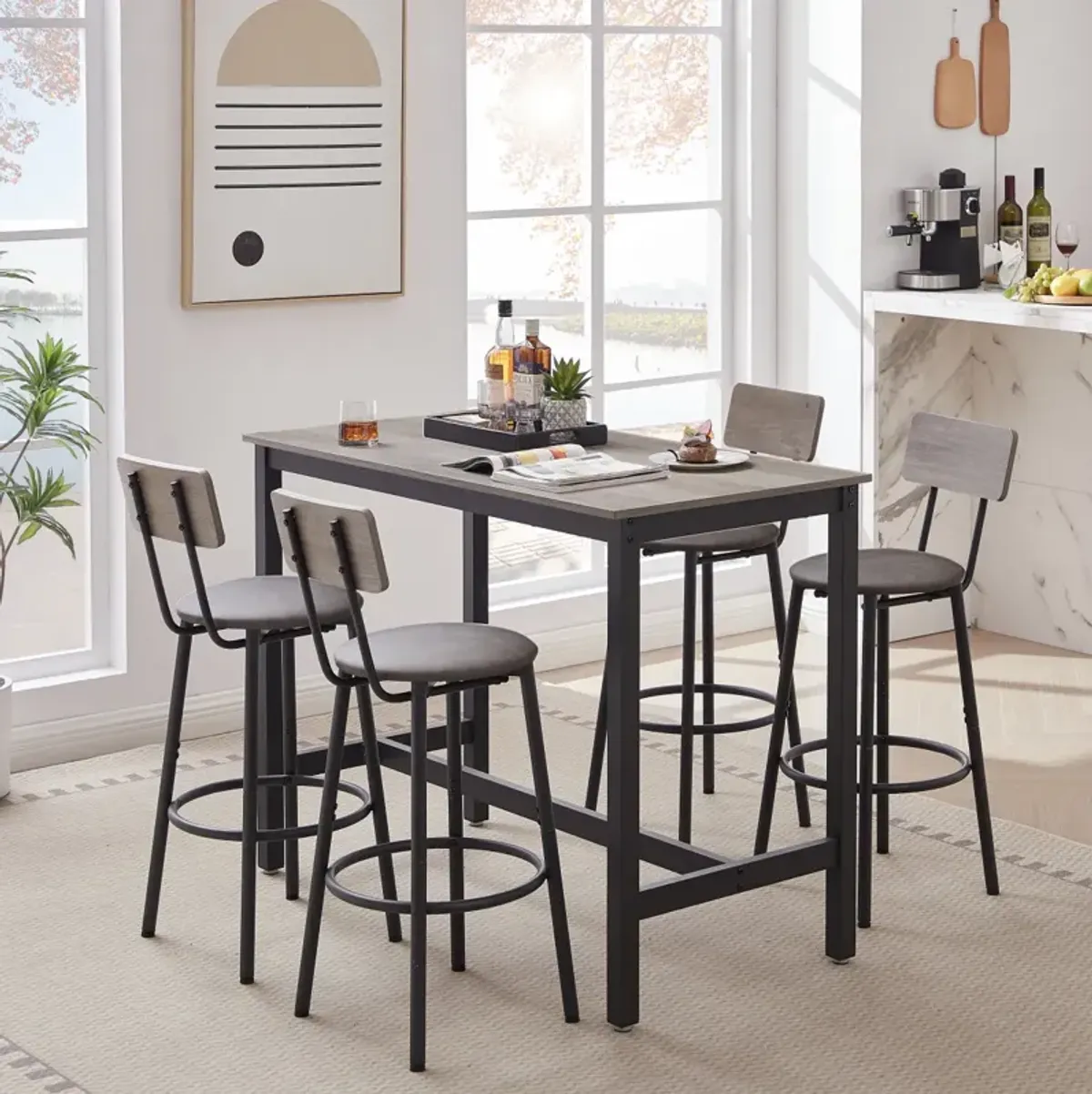 Bar Table Set With 4 Bar Stools PU Soft Seat With Backrest, Grey, 47.24" L X 23.62" W X 35.43"