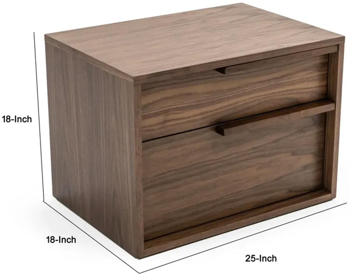 Cid Jess 25 Inch Nightstand, 2 Drawers, Walnut Veneer, Wood Grain Details-Benzara