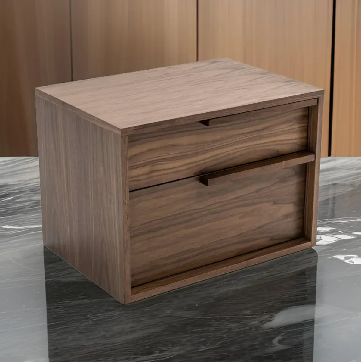 Cid Jess 25 Inch Nightstand, 2 Drawers, Walnut Veneer, Wood Grain Details-Benzara