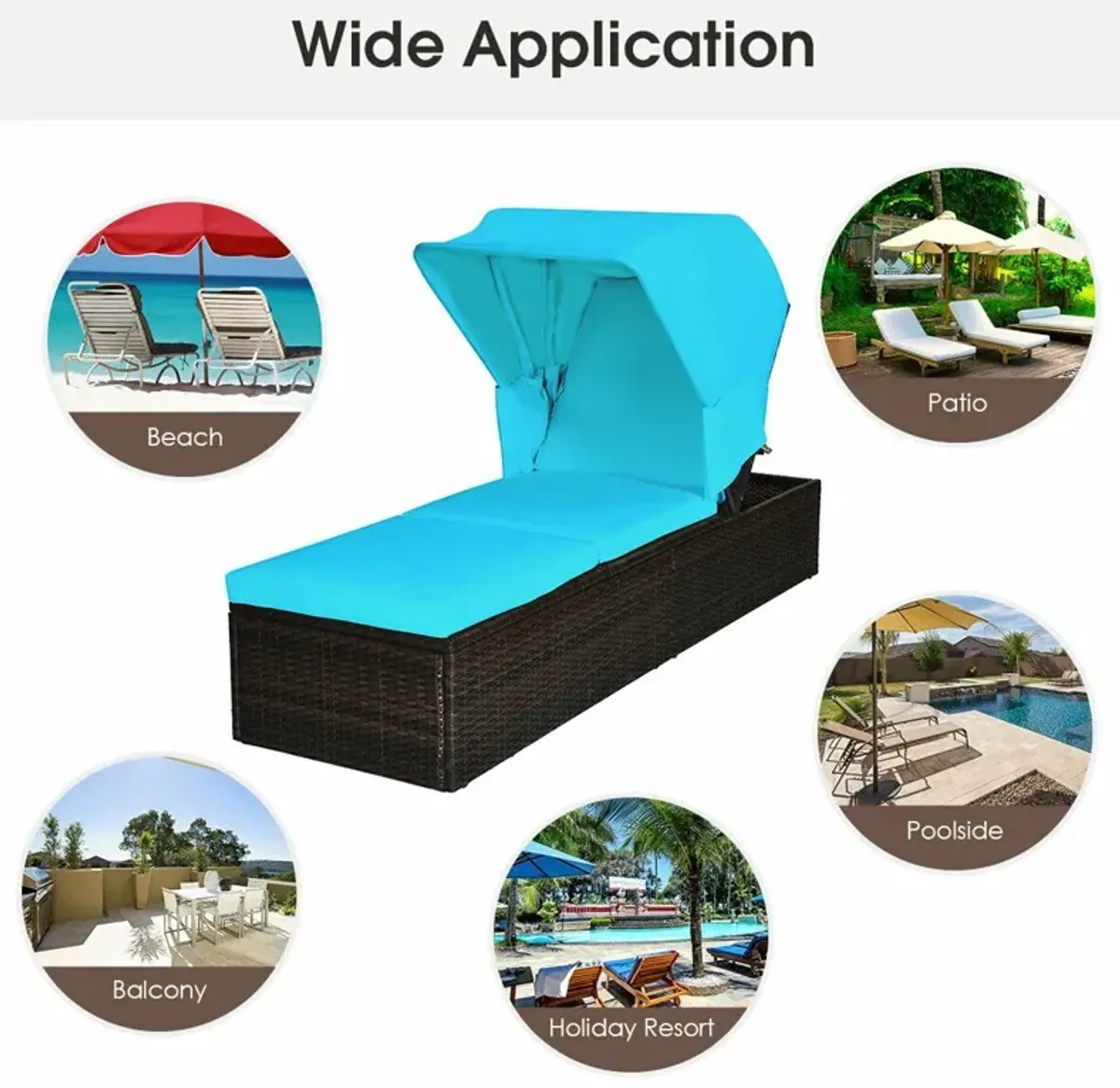 Chaise Cushioned Top Canopy Patio Rattan Lounge Chair with Tea Table