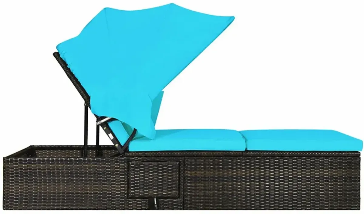 Chaise Cushioned Top Canopy Patio Rattan Lounge Chair with Tea Table