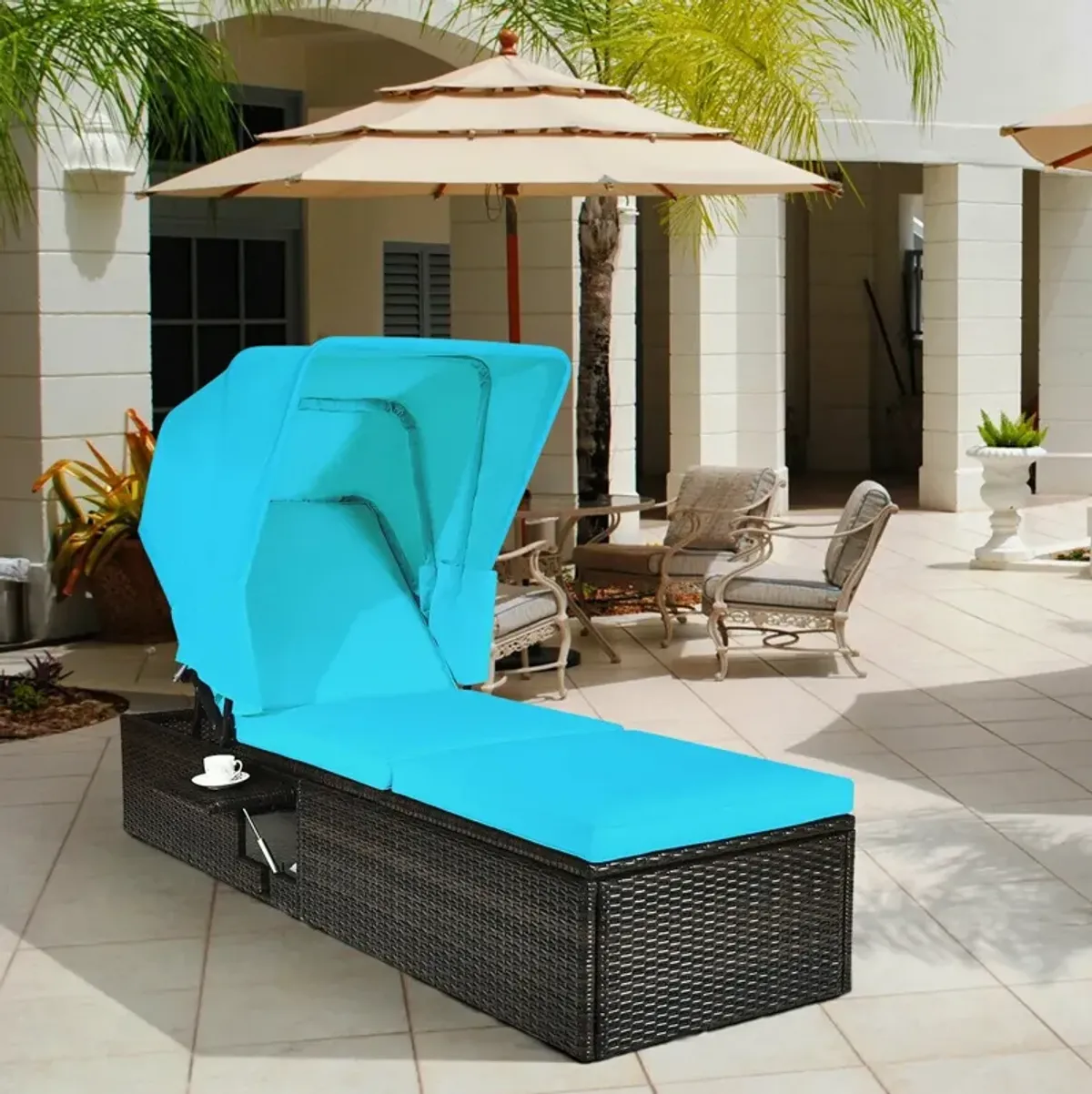 Chaise Cushioned Top Canopy Patio Rattan Lounge Chair with Tea Table