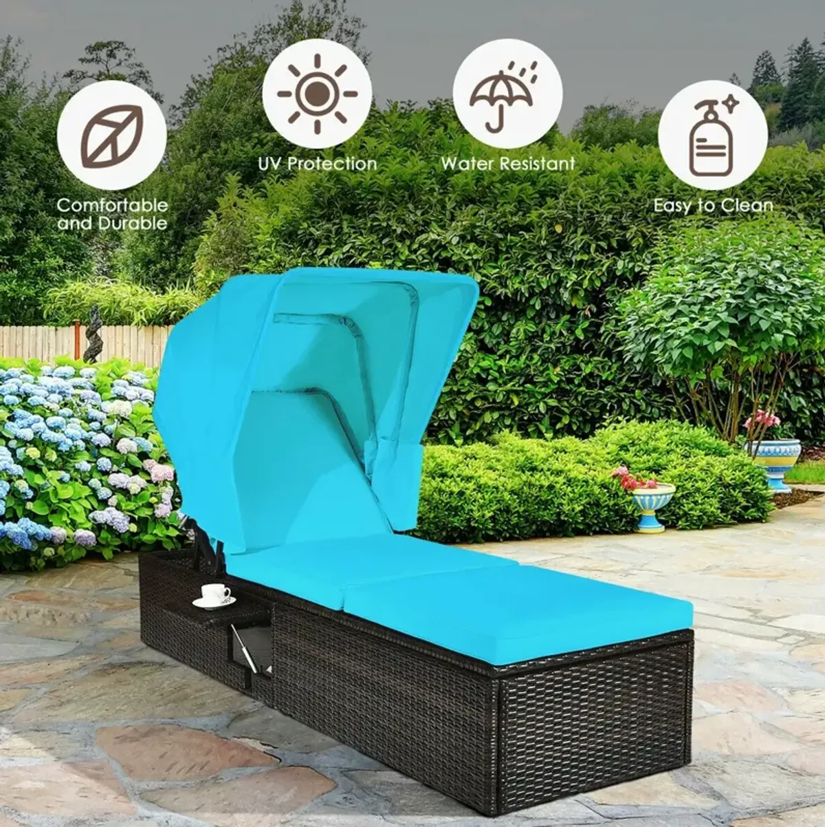 Chaise Cushioned Top Canopy Patio Rattan Lounge Chair with Tea Table