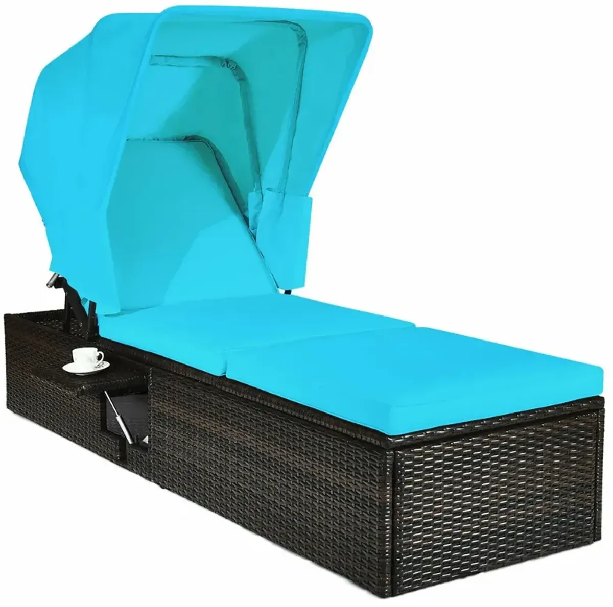 Chaise Cushioned Top Canopy Patio Rattan Lounge Chair with Tea Table