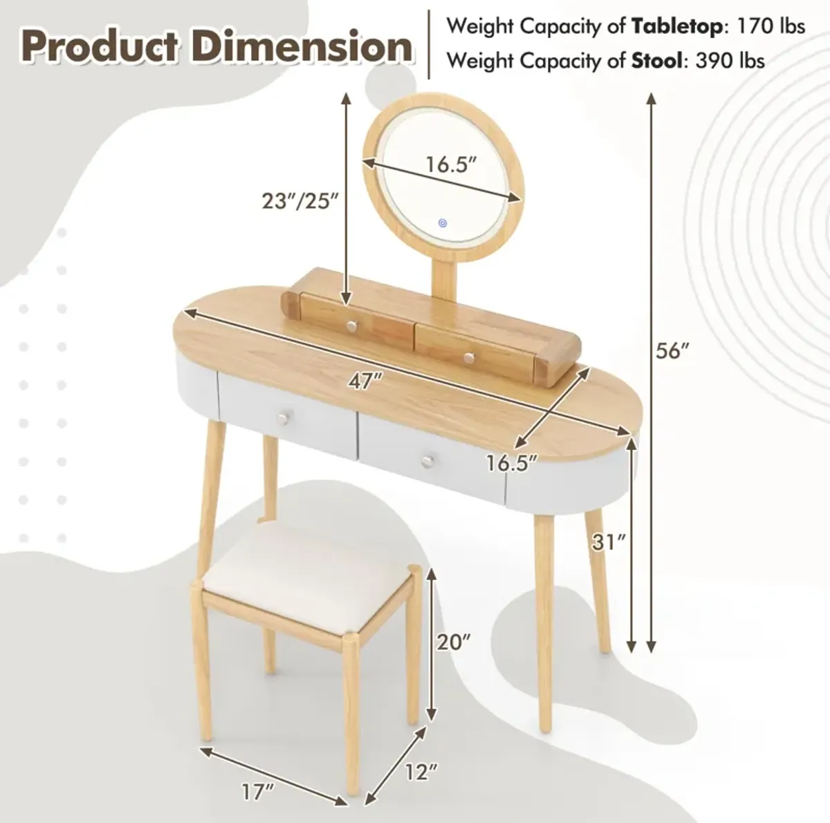 Makeup Vanity Table Set with LED Mirror and 3 Spacious Drawers