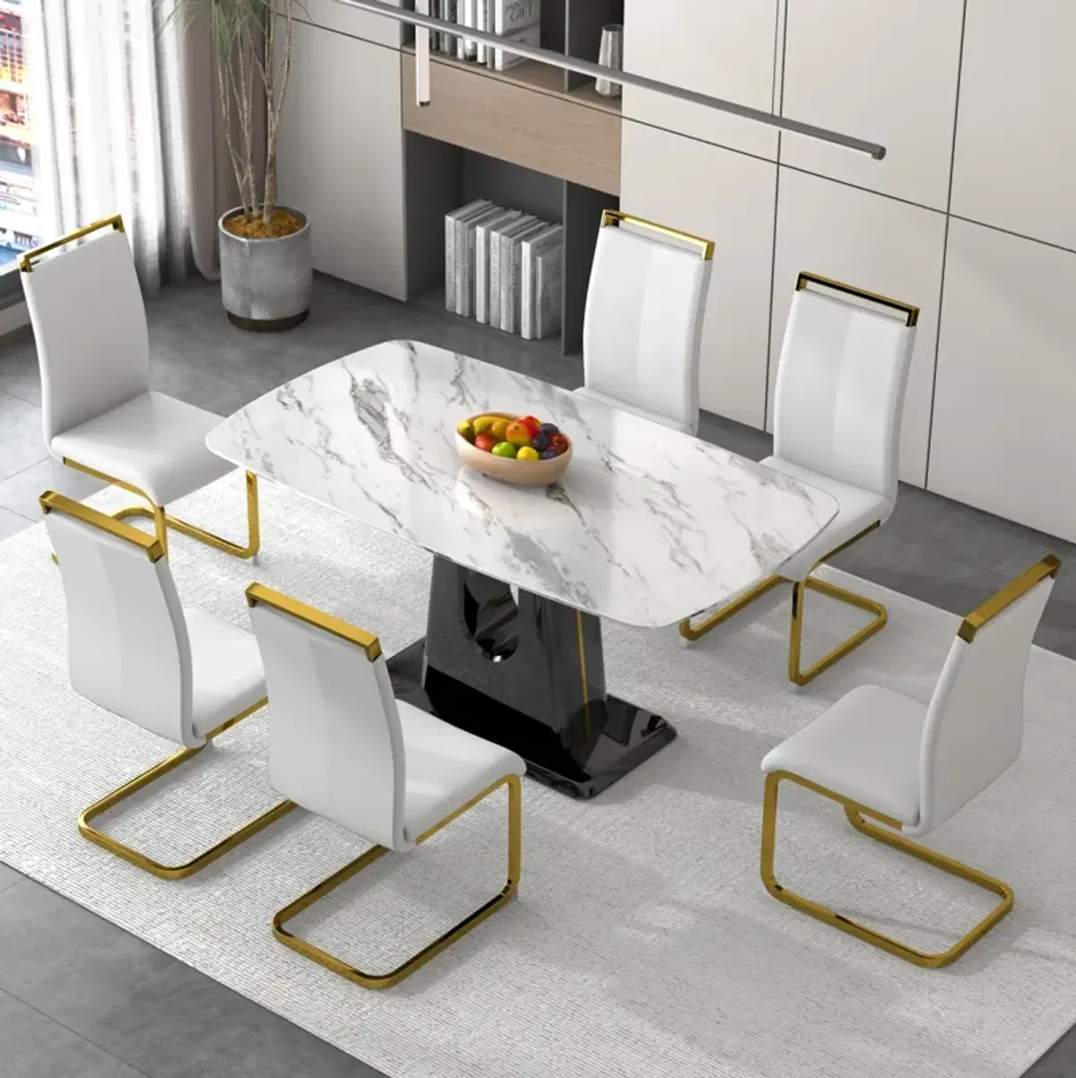 Modern white marble table & 6 gold leg chairs