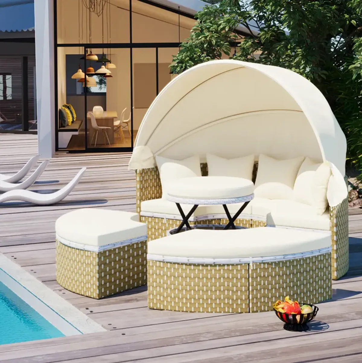 Merax Luxury Round Outdoor Sectional Sofa Set Rattan Daybed